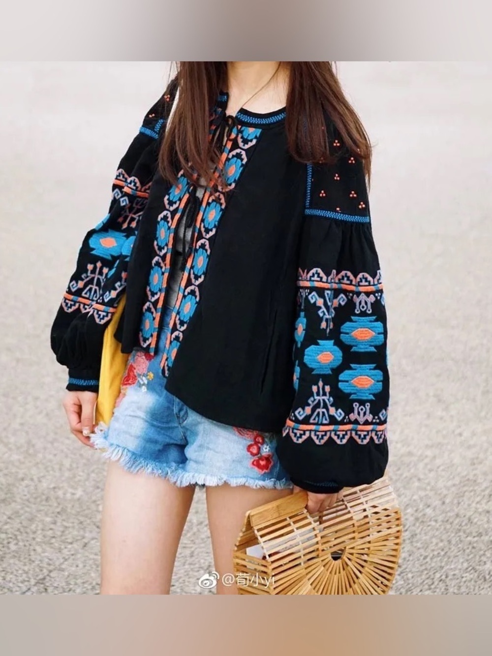 Free People Embroidered Tie-Front Boho Jacket Southwestern Puff Sleeve Black - Picture 4 of 12